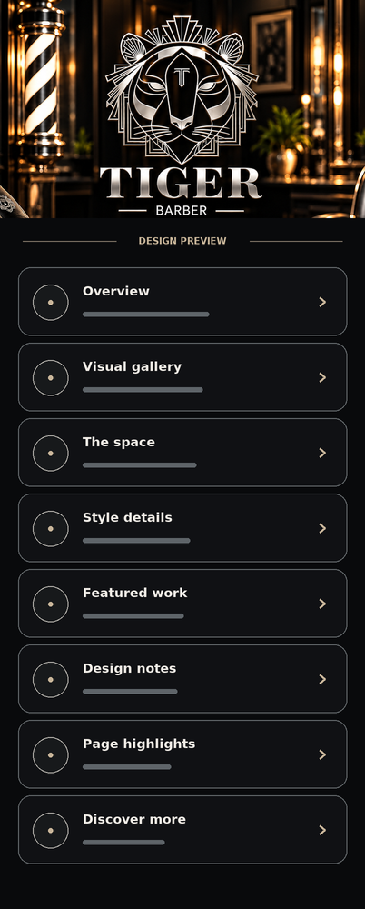 Tiger Barber Smart Page design with neutral placeholder rows